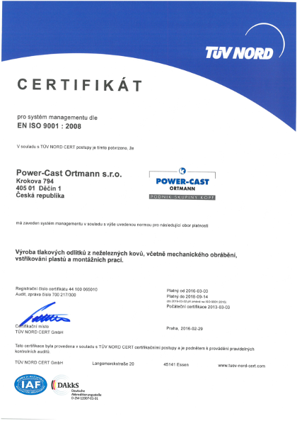 Certifikát pro systém managementu jakosti dle EN ISO 9001: 2008